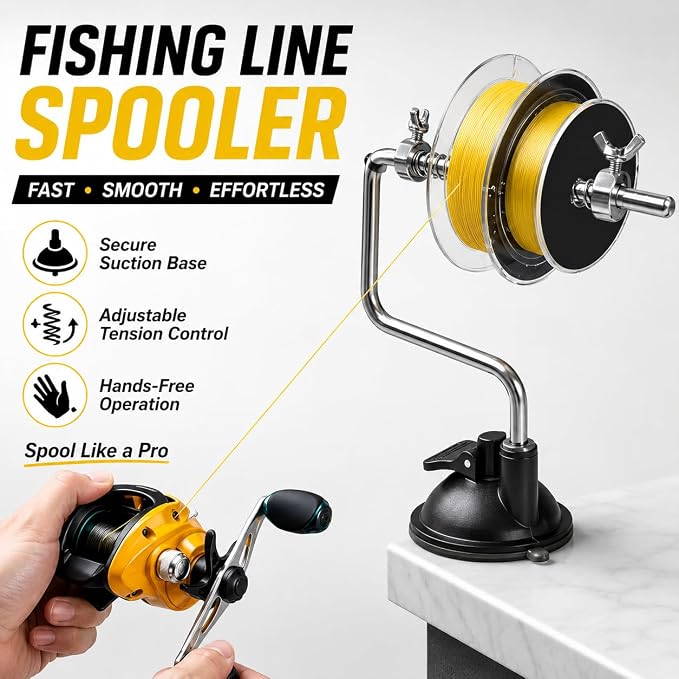 Fishing Line Spooler – Portable Table Mounted Reel Spooler for Spinning & Baitcasting Reels – Adjustable to Fit Multiple Size Spools-Fishing Line Remover Gifts for Men (Clips and Suction Cups)