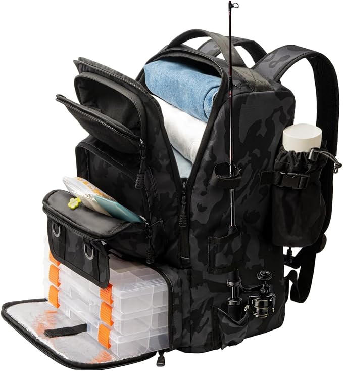 Hp hope Fishing Backpack with Rod Holders & Cooler, 40L Fishing Tackle Bag Fishing Tackle Storage Backpack Fishing Gear for Camping, Black Camo
