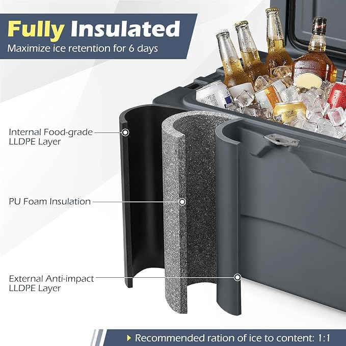 Goplus Hard Cooler, Insulated Ice Chest w/Portable Handles, Cup Holders, Ruler, Bottle Opener, 6 Day Ice Retention for Drink, Beverage, Camping, Fishing, Beach