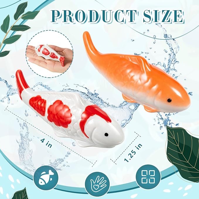 Willinglong 2 Pcs Ceramic Floating Koi Fish 5 Pcs Artificial Foam Lotus Flower with Water Lily Floating Fake Fish Goldfish Koi Decor for Pond Fountain Birdbath Fake Aquarium Decor