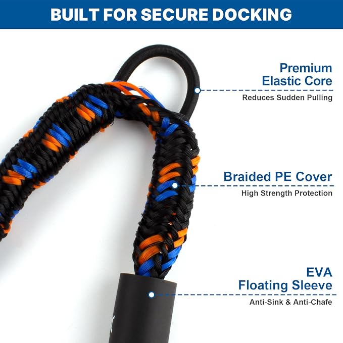 Bungee Dock Lines for Boats 4.3 Ft Stretch to 5.6 Ft, 2 Pack Marine Grade Bungee Cords with 316 SS Clips and EVA Floating Sleeve for Jet Ski Kayak Pontoon Boat Accessories (Black+Orange+Blue)