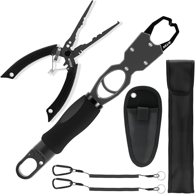 BiteX Fish Lip Gripper with 40lb Scale, 360° Rotating Fish Holder | One-Hand Operation, Saltwater-Resistant Aluminum Build, Bonus Fishing Pliers, Sheaths and Lanyards Included