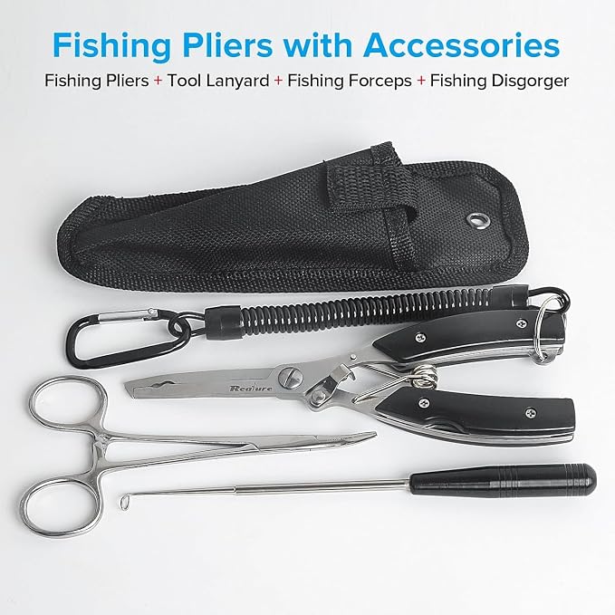 Realure 3‑Piece Saltwater Fishing Pliers Tool Kit, 420 Stainless Steel Split Ring Pliers with Forceps & Hook Remover, Line Cutter Fishing Gear with Lanyard & Sheath for Freshwater & Saltwater Angling