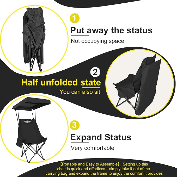 YOUNG WOOD Camping Chair with Shade Canopy, Beach Chair, Portable Fold Lightweight Oversized for All, Easy to Open and Close Without Installation, Side Pocket Design for All Outdoor Activities