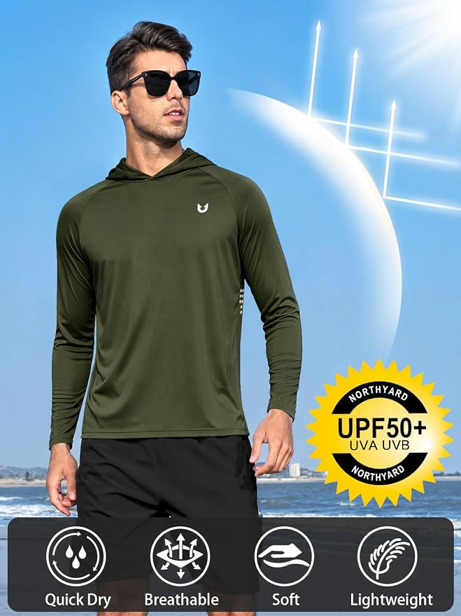 NORTHYARD Men's UPF 50+ Rash Guard Hoodie Long Sleeve Sun Protection Shirt Fishing Swim Beach Hiking Quick Dry Lightweight
