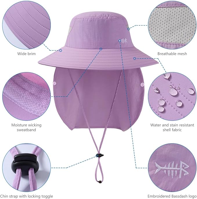 BASSDASH UPF 50+ Breathable Sun Hat with Removable Face Cover and Neck Flap Wide Brim Bucket Hat for Fishing Hiking Men Women