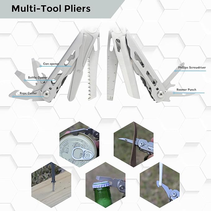 Multitool with Pocket Knife, 25-in-1 Stainless Steel Pliers and Screwdriver, Self-locking Multi-tool EDC Gear with Sheath and Replaceable Cutter Blades, Suitable for Camping and Hiking