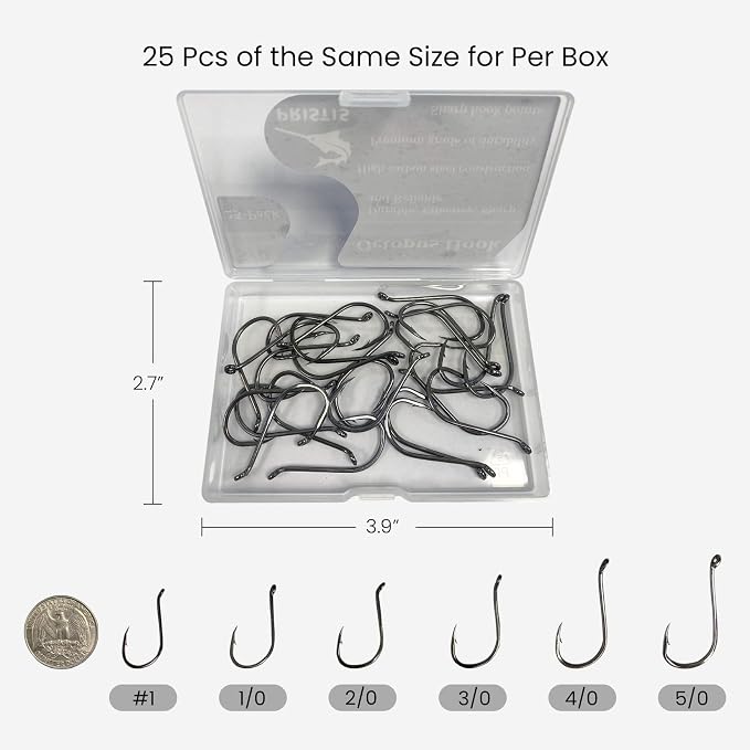 Pristis 25 Pack High Carbon Steel Fishing Hooks, Reinforced EWG Circle Octopus Round Bend 60 Degree Wide Gap Strong Barbed Worm Fish Hook Jig Bait Rig for Saltwater Freshwater Bass Tuna Walleye Trout