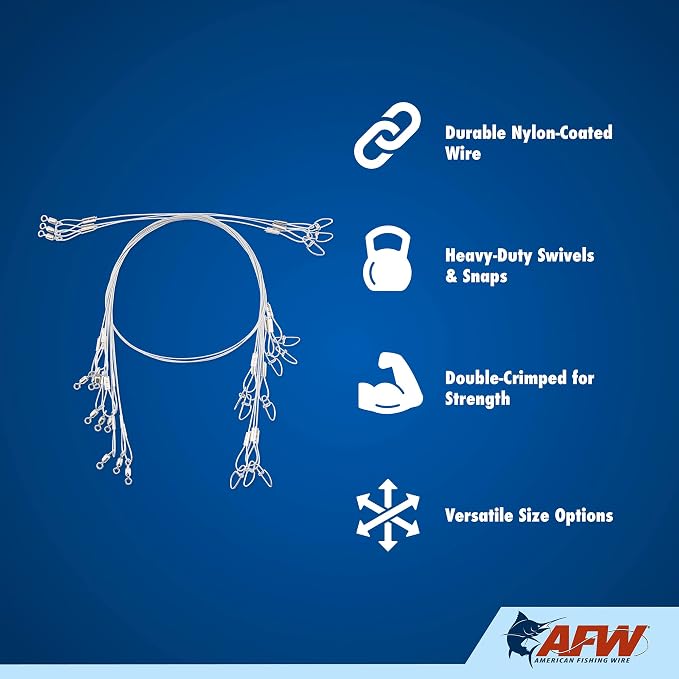 AFW Surflon Fishing Leaders – Black Nylon Coated Stainless Steel Wire, Swivel & Snap, 3 Pack, Variety Pack – Strong Leader Line for Catfishing & Toothy Game Fish
