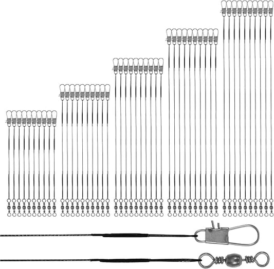 50 Pcs Fishing Leaders, Steel Wire Leaders with Swivels and Snap Connectors, High Strength Anti-Bite Wire Leader Line Kit for Saltwater Freshwater, 4/6/8/10/12 Inch Fishing Gear Equipment (Black)