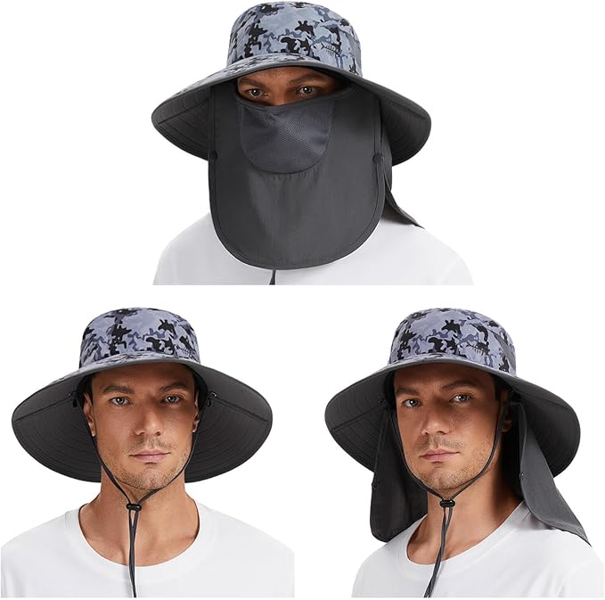 BASSDASH UPF 50+ Breathable Sun Hat with Removable Face Cover and Neck Flap Wide Brim Bucket Hat for Fishing Hiking Men Women