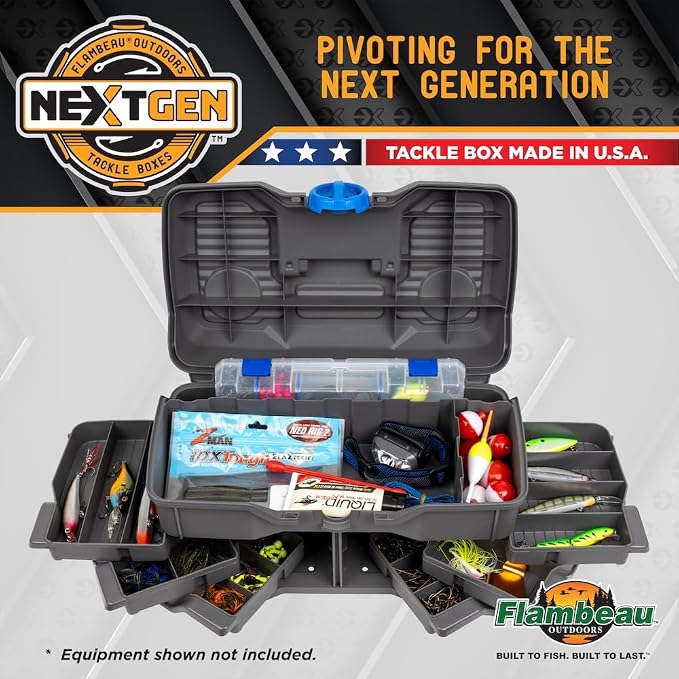 Flambeau Outdoors 660NGAK Next Gen 6/0 Large Fishing Tackle Box - 6 Pivot Trays, 32 Compartments, Includes 25-piece Tackle Kit, Fishing Tackle and Gear Storage, Fishing Lure Organizer, Dark Gray
