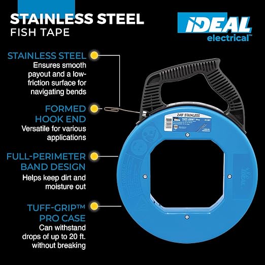 Ideal Electrical 31-067 Stainless Steel Fish Tape 240 ft. Stainless Steel Fish Tape w/Formed Hook & Tuff-Grip Pro Case, Non-Oily Finish, Laser Etched Increments
