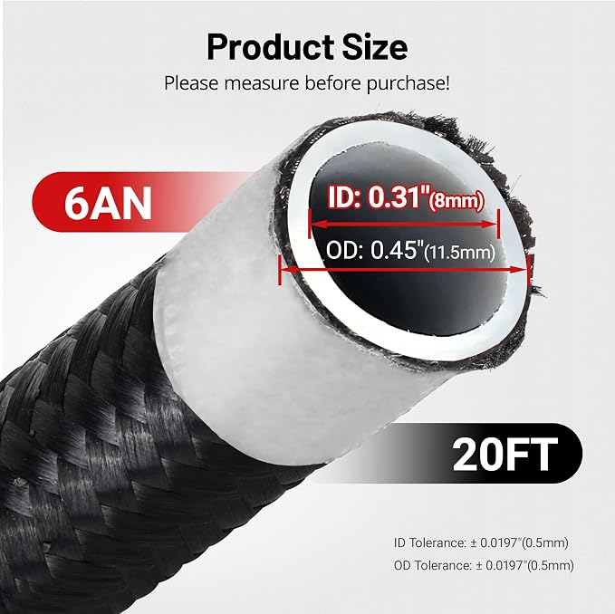 EVIL ENERGY 6AN PTFE Fuel Hose Line, AN6 Fuel Line E85 Nylon Braided 20FT Black 5/16 Inch ID