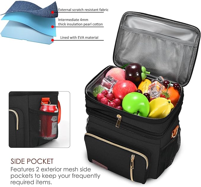 MIYCOO Lunch Bag & Lunch Box for Women Men, Double Deck Leakproof Insulated Soft Large Adult Camping Cooler bag for Work, Beach, Picnic, Travel (Black Orange, 15L)