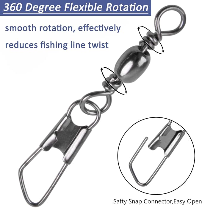 Fishing Snap Swivels Rolling Barrel Swivels with Safety Snaps High Strength Copper and Stainless Steel, Black Nickel Coated Quick Connect Swivel Snap Fishing Tackle