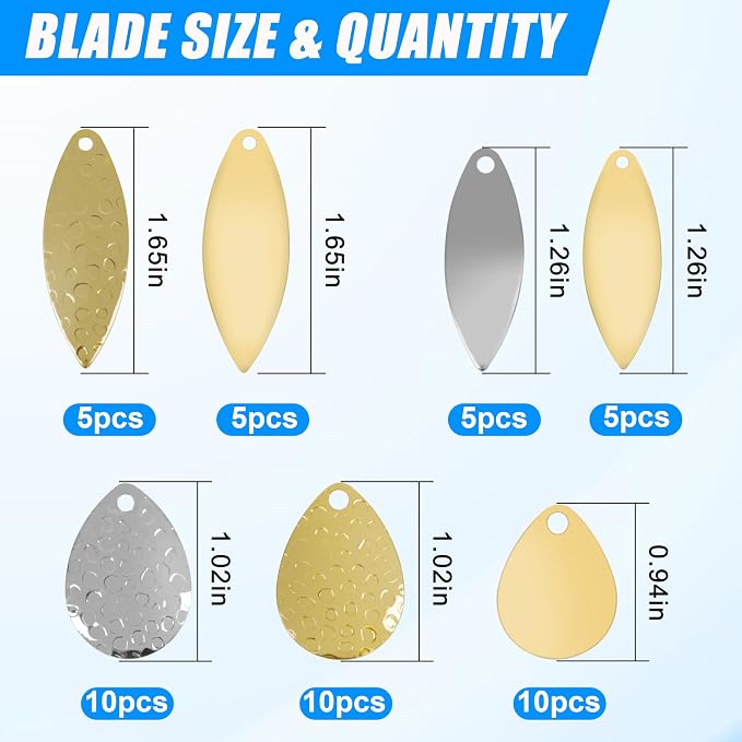 Spinner Blades for Lure Making,50pcs Easy Spin Colorado Willow Blades Kit Gold Silver Spinnerbait Blades Spoon DIY Fishing Lures Accessories for Spinner Baits Walleye Rig Making