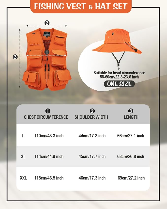 Shihanee 2 Pcs Men's Fishing Vest Sun Hat Multi Pocket Safari Vest for Outdoor Hiking Summer Travel