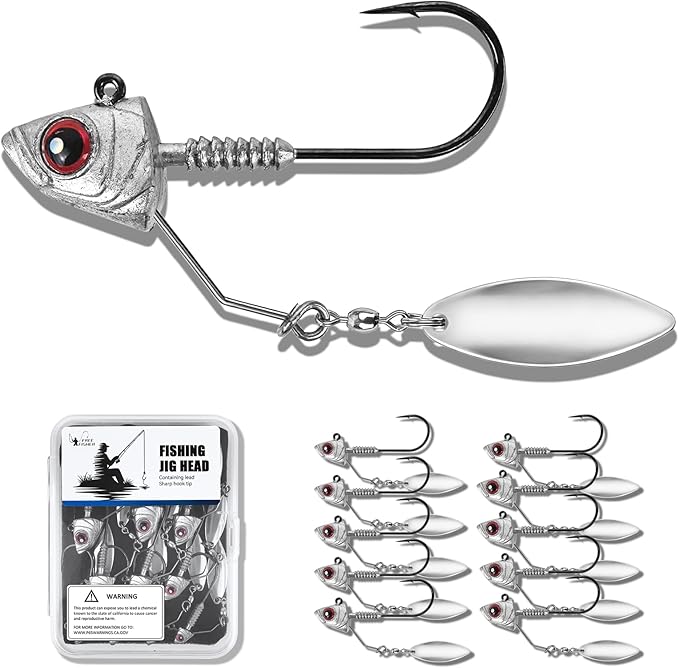 10Pcs Underspin Jig Heads with Spinner Blades 1/8 3/16 1/4 3/8 1/2oz Fishing Jig Heads with 3D Eyes for Bass Crappie Freshwater Saltwater Fishing