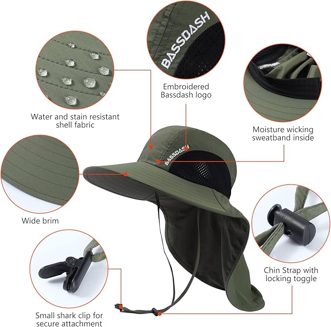 BASSDASH UPF 50+ Unisex Water Resistant Wide Brim Sun Hat with Large Neck Flap Ponytail Fishing Hat for Men Women