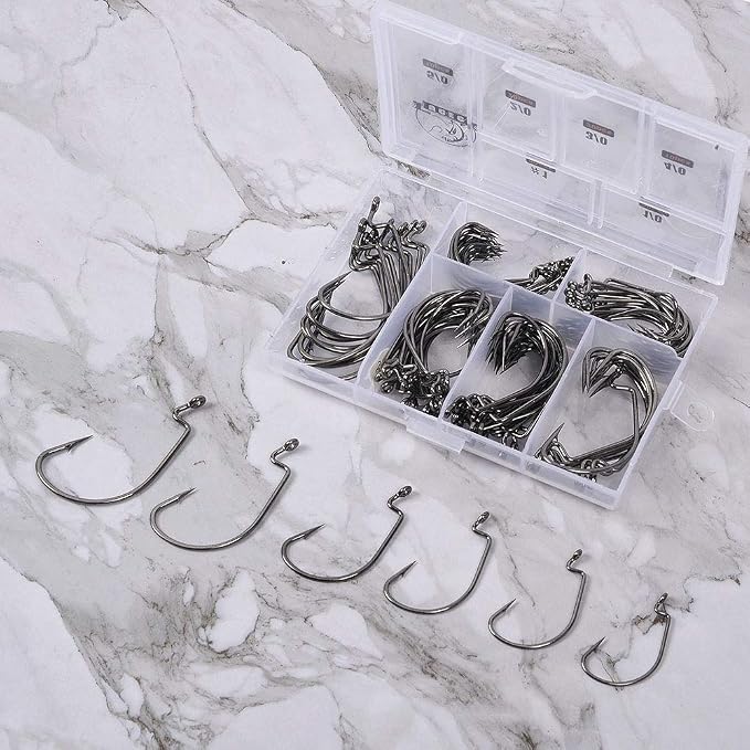 UCEC Fishing Hooks, 140PCS/ 100PCS/ 60PCS EWG Offset Worm Hooks Bass Hooks Wide Gap 2X Strong Senko Bait Texas Rig Jig Fish Hooks for Bass Trout Saltwater Freshwater Size:#4#2#1 1/0 2/0 3/0 4/0 5/0