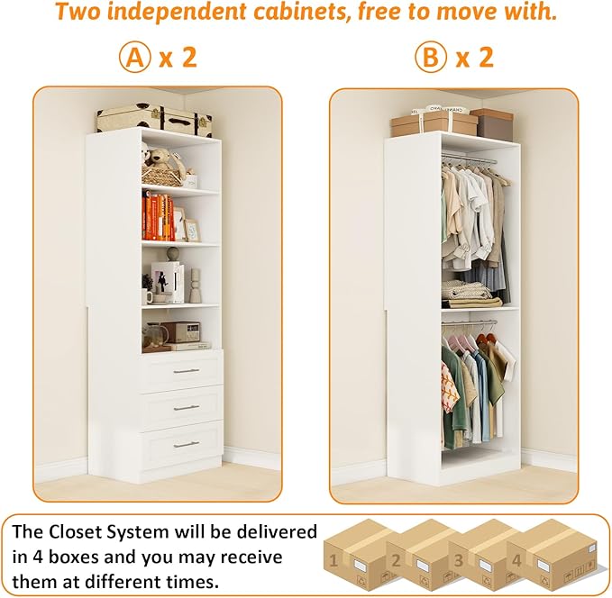 Closet System of 4 Sets with 6 Drawers & 8 Shelves & 8 Hanging Rods, 8FT-20FT Closet Organizer System, Walk in Closet, Modular Closet System White ( 8FT)