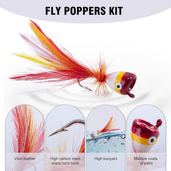 Goture Fly Fishing Poppers Lures, Topwater Popper Flies Bugs Lure, Fly Fish Poppers Fishing Lures Kit, Dry Flies for Panfish Bluegill Crappie Sunfish Bass Trout Salmon