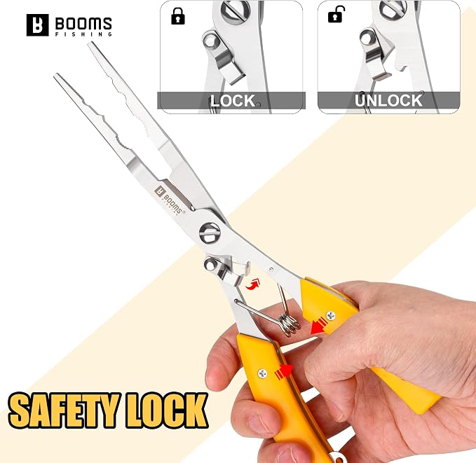Booms Fishing Pliers Hook Remover: 8" Long Nose Fish Pliers Stainless Steel for Saltwater - Braid Line Cutters with Coiled Lanyard and Safety Lock Design, Multi-Function Fishing Tool for Men, H06