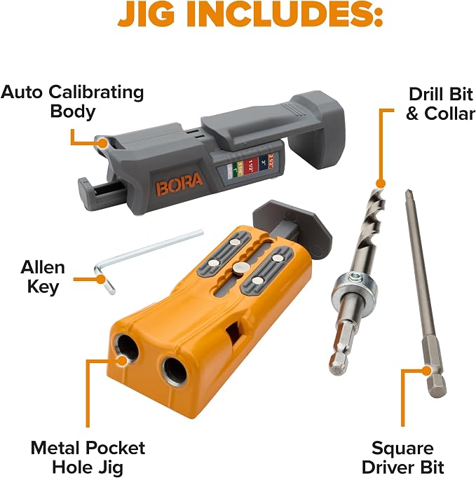 BORA Pro Compact Metal Pocket Hole Jig Kit, 3 inch Face Clamp & 350pc Screw Set Auto Adjust Drill Guide, Durable Pocket Hole Jig for Woodworking & Tight Spaces - For Materials 1/2 in - 1-1/2 in Thick