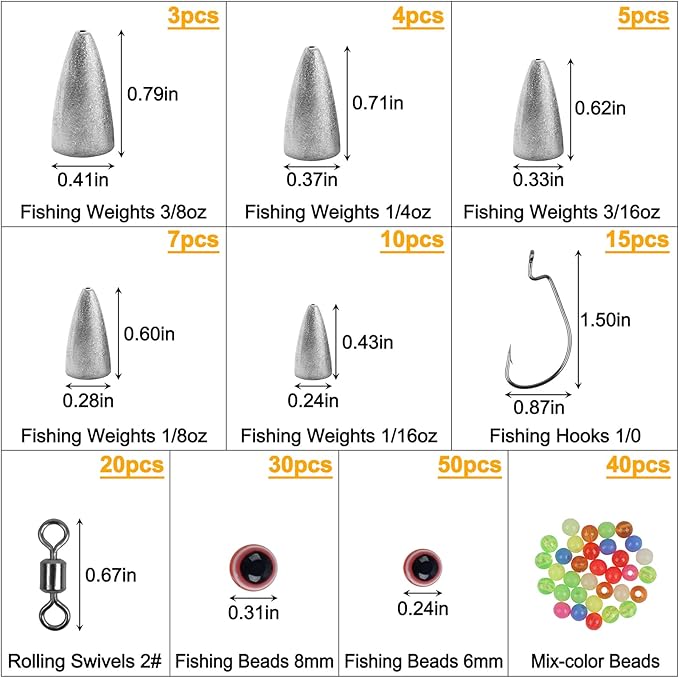 Texas and Carolina Rigs for Bass Fishing Worm Weights Bullet Sinkers Hooks Beads Rolling Barrel Swivels Fishing Accessories Tackle Kit 184pcs