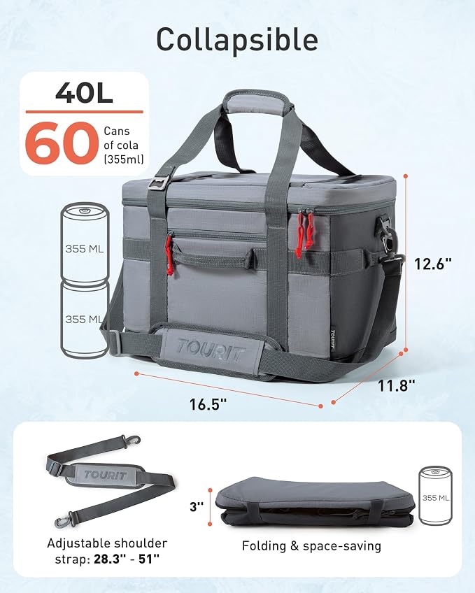 TOURIT Soft Sided Cooler Bag Insulated 30/48/60 Cans, Large Collapsible & Leakproof Ice Chest for Picnic, Beach, Camping, Travel, Sports Fan Coolers