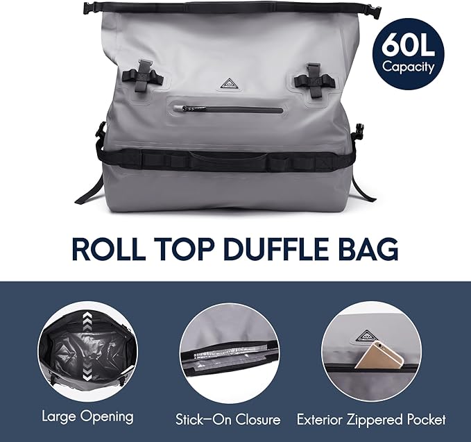 Haimont IPX7 Waterproof Roll-Top Dry Duffel Backpack | 60L/90L Sizes, 500D Tarpaulin, Welded Seams, Mesh Pockets, Boating & Kayaking
