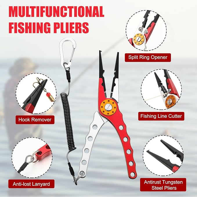 VioraWhite 8 Pieces Fishing Tools Kit Fish Hook Remover Set Include Fishing Pliers Lip Gripper Multifunction Scissors Gloves Towel Keychain Hook for Men Women Gifts