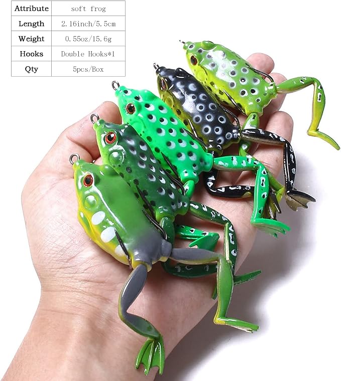 Frog Lure, Topwater Fishing Lures, Frog Lures for Bass Fishing, Top Water Frog Soft Swimbaits with Weedless Fishing Lures for Bass Trout Pike Snakehead,5pcs with Box
