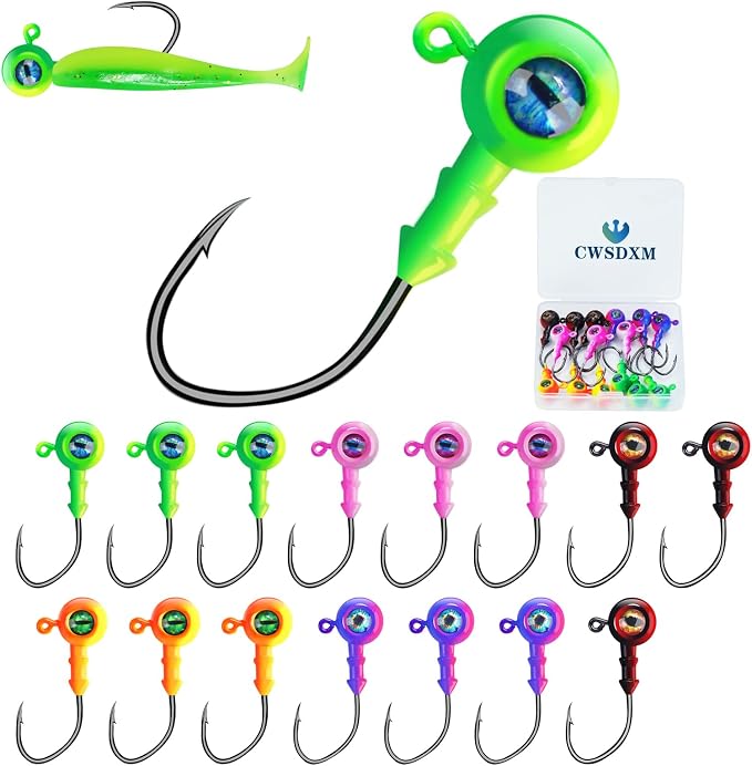 Round Jigs Heads for Fishing, 3D Eyes Ball Head Hooks with Stacked Cone Keeper, 1/8oz 1/5oz 1/4oz 3/8oz Crappie Jig Heads for Bass Fishing Trout Crappie Panfish Walleye
