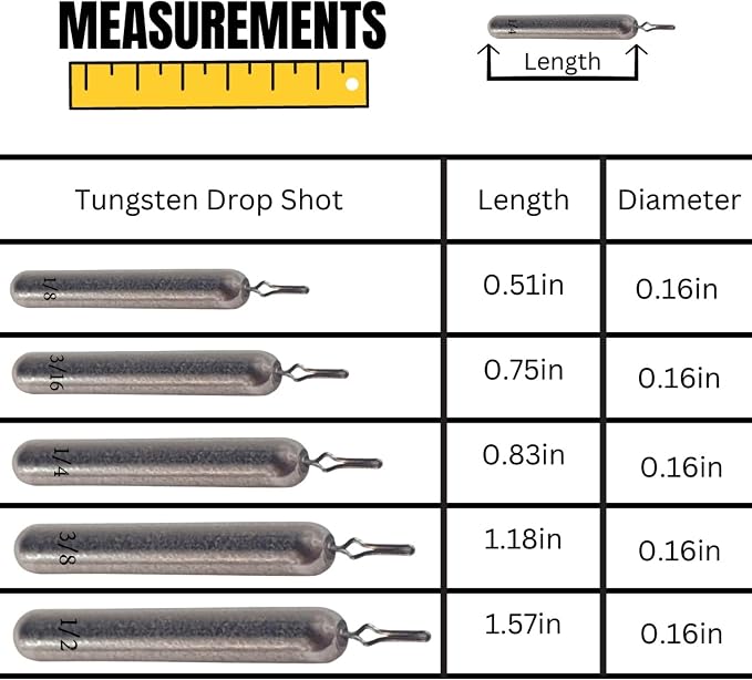 Reaction Tackle Tungsten Drop Shot Weights - Fishing Sinkers for Bass Drop Shot Rig - Size Stamped - Freshwater and Saltwater