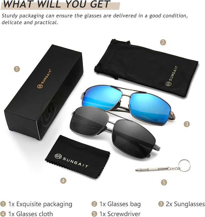 SUNGAIT Ultra Lightweight Rectangular Polarized Sunglasses Men UV400 Protection