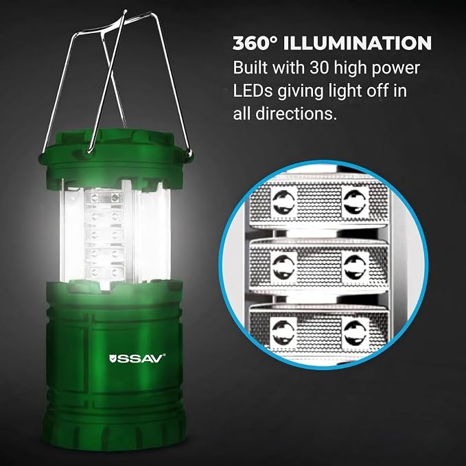 SSAV LED Camping Lantern, Emergency Lanterns for Power Outages & Hurricane Preparedness, Collapsible Portable Survival Lights for Camping, Storms & Emergencies, Batteries Included (2, Green)