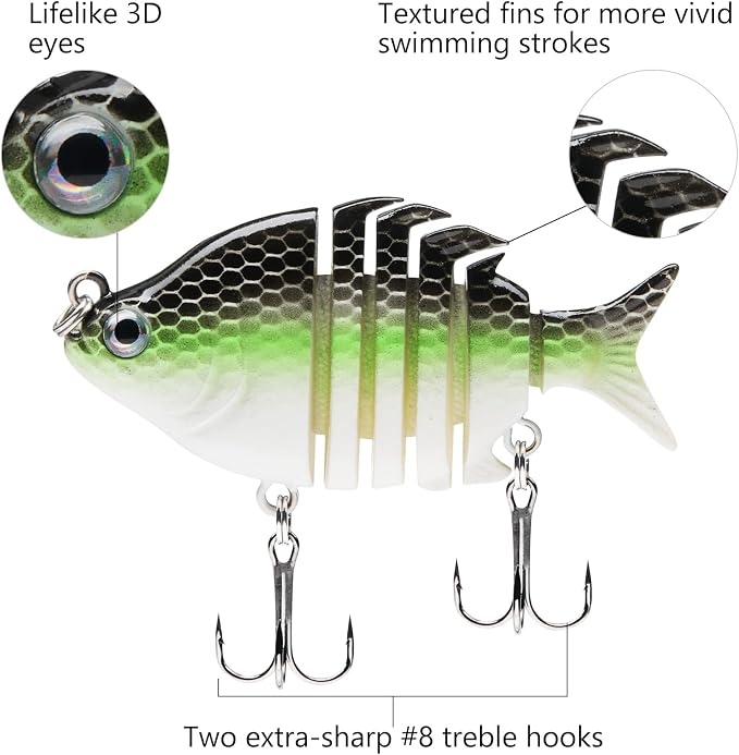 Bassdash SwimPanfish 2.5”/0.34oz Hard Bluegill Swimbaits Multi Jointed Topwater Trout Bass Fishing Crank Lure,Pack of 4
