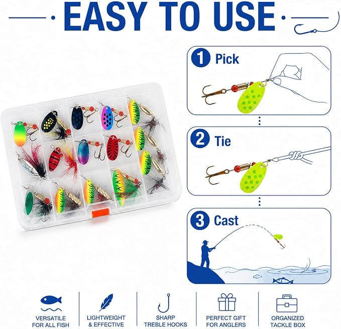 Fishing Spinner Lures Kit 10/15/16/20PCS, Inline Spinner Baits with Treble Hooks and Feather Tails, Metal Fishing Lures for Trout Bass Salmon Panfish, Multi-Color Freshwater Fishing Tackle Set