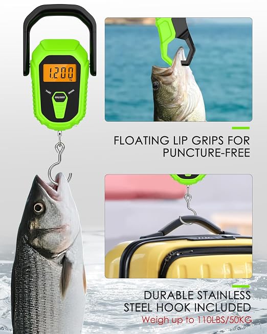 Digital Fishing Scale with Lip Gripper, 110lb/50kg Waterproof Fish Weight Scale with Tape Measure, Hook & Clamp, LCD Display & Hanging Design, Ideal Fishing Gift for Men Anglers
