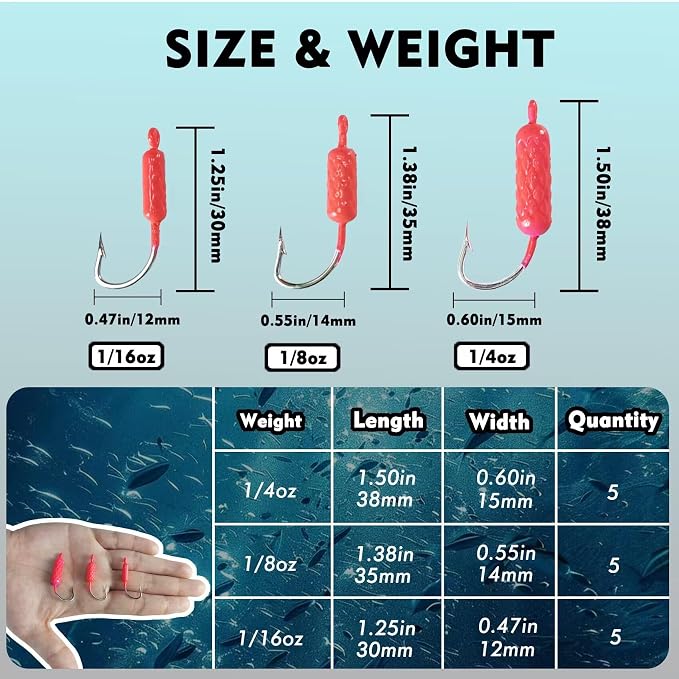 Eupheng UV Glow in Dark Yellowtail Snapper Jigs, 15PCS 1/4oz, 1/8oz, 1/16oz Weighted Jig Head with Stainless steel Hook Yellowtail jig hook for Saltwater and Freshwater Fishing