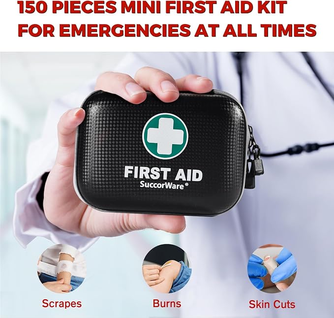 SuccorWare 150 Pieces Mini First Aid Kit - Small Medical Kit with Hard Shell - Emergency First Aid Kit for Car, Travel, Home, Outdoor, Office, Camping, Hiking (Black)