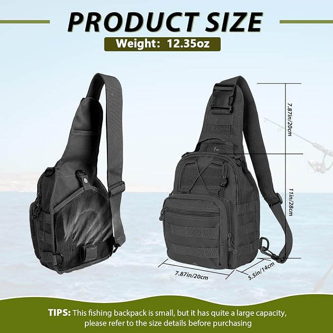 Fishing Backpack Small Fishing Tackle Storage Bag with 3 Methods of Carrying Large Capacity Sling Backpack for Outdoor Hiking Travel Hunting (Black)