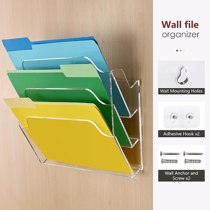 DINGHUO Acrylic Hanging Wall File Organizer for Office, 3 Pockets Wall Mounted Magazine File Holder for Mail Paper Document Organization, No Assembly Required, Hooks Screws Included - 1 Pack