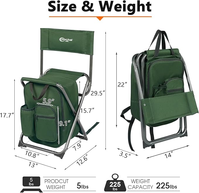Portal Backpack Cooler Chair 2 Pack Fishing Chairs with Backrest Folding Camping Stool Compact for Outdoors Hiking Hunting Travel, Supports 225 lbs Capacity
