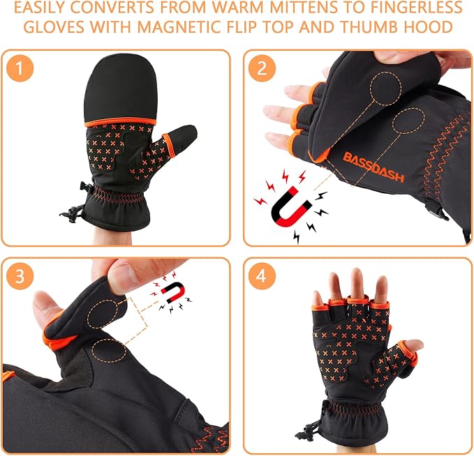 BASSDASH WinteFlex Insulated Ice Fishing Mittens Cold Weather Fingerless Gloves Water Resistant for Men Women Hunting