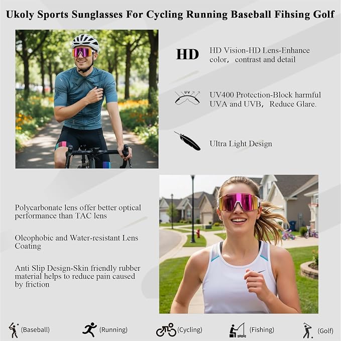 Ukoly Cycling Sunglasses for Men Women with 3 Interchangeable Lenses, Polarized Sports Sunglasses, Baseball Sunglasses