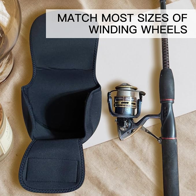 3-Size Fishing Reel Cover Pouch + 3 Black Fishing Rod Straps, Protective Reel Case for Baitcasting and Spinning Reels, Adjustable Fishing Rod Strap for Fishing Gear Storage
