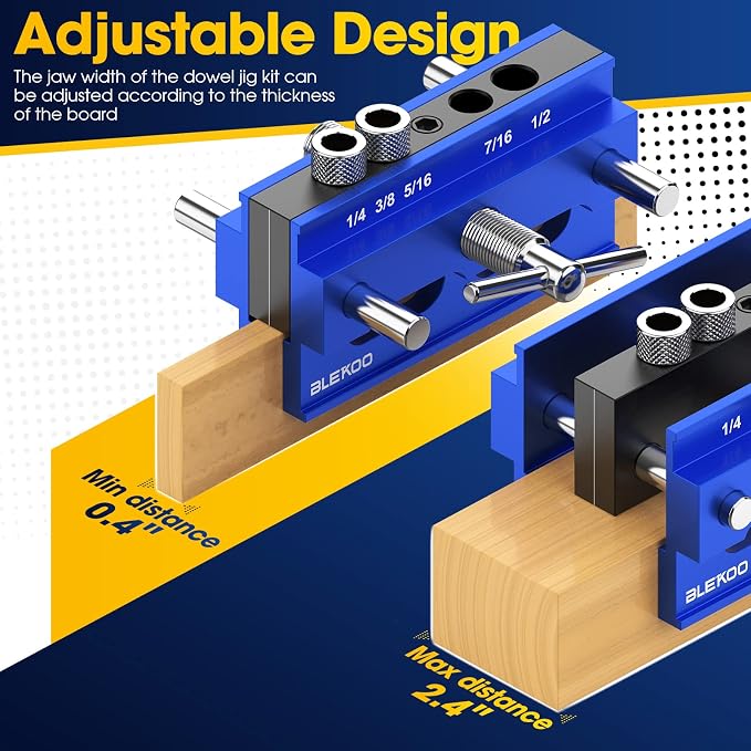 BLEKOO Self Centering Doweling Jig Kit, Drill Jig For Straight Holes Biscuit Joiner Set With 6 Drill Guide Bushings, Adjustable Width Drilling Guide Power Tool Accessory Jigs (Blue)